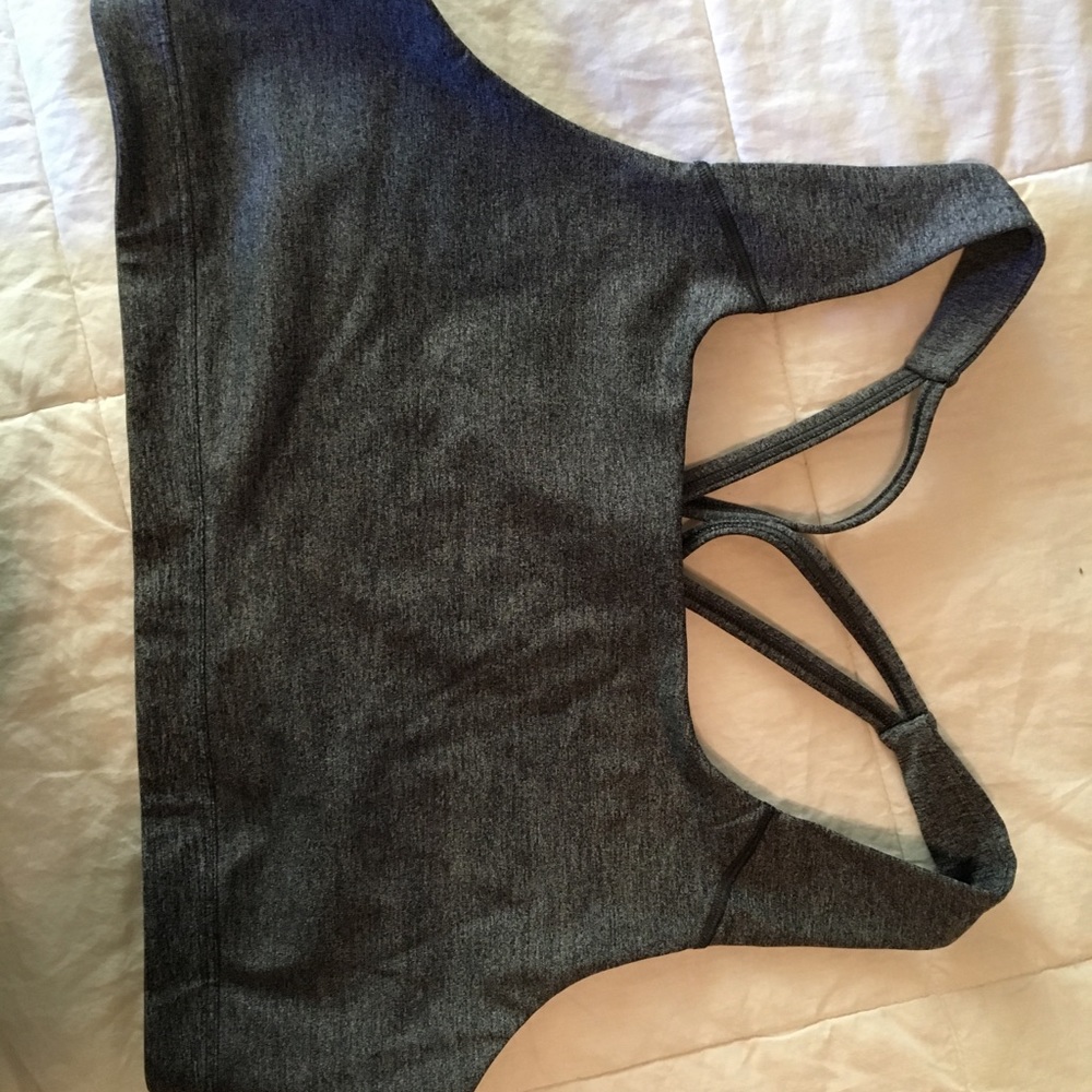 Gray sports bra with crisscross back detailing
